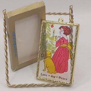 Vtg Christmas Glass Ornament Reverse Paint Girl Dog Tree Miniature 2x3"